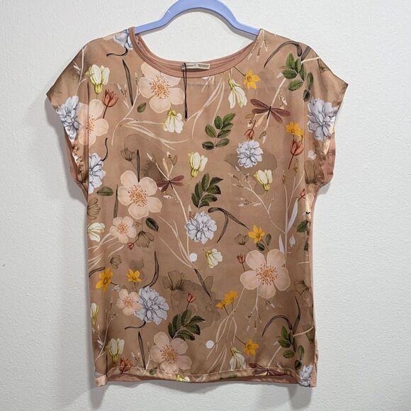 Zara Woman Floral Print Blouse Beige Peach Short Sleeve Top Size S‎ - Picture 3 of 9